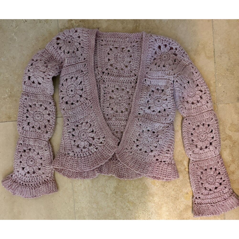 Vintage Handmade Crochet Cardigan with Floral Granny Squares Bell Sleeves XS/S
